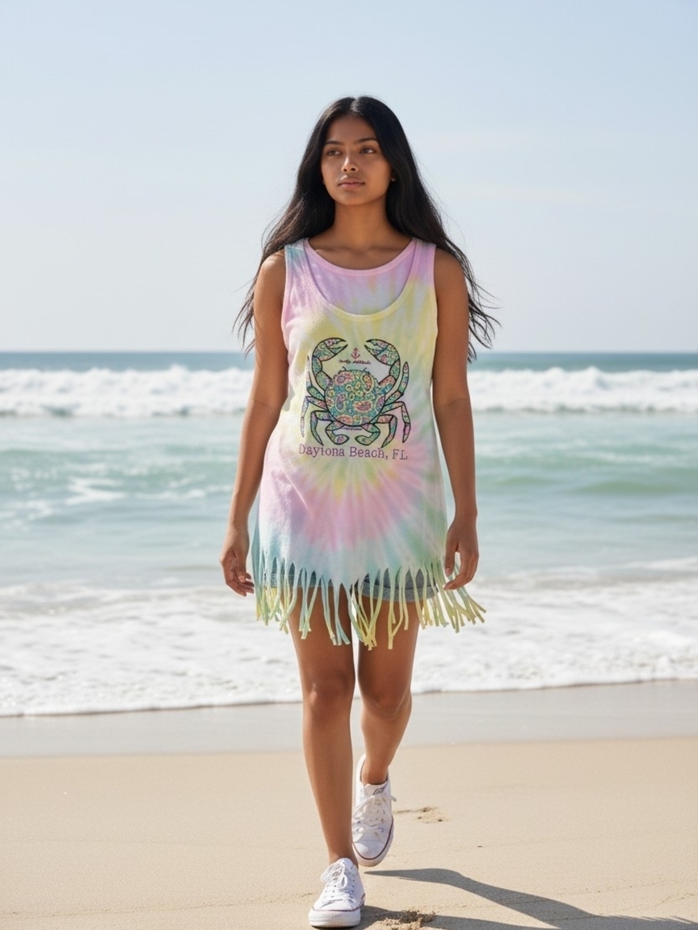 Dreamsicle Kids Daytona Beach Tie-Dye Fringe Crab Graphic Top - Pastel Multi L